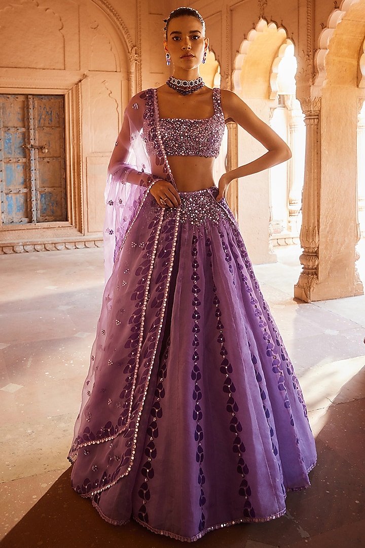 Purple Organza Printed & Embroidered Lehenga Set by Prevasu