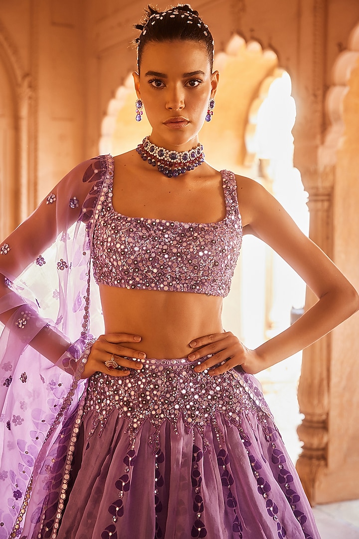 Purple Organza Printed & Embroidered Wedding Lehenga Set by Prevasu at Pernia's Pop Up Shop