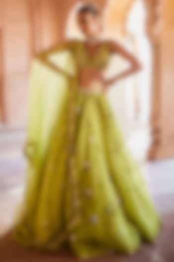 Lime Green Organza Printed & Embroidered Lehenga Set by Prevasu