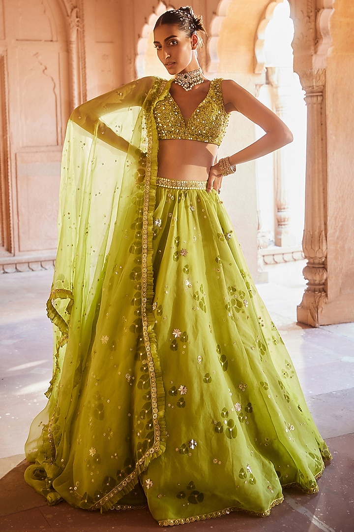 Lime Green Organza Printed & Embroidered Lehenga Set by Prevasu