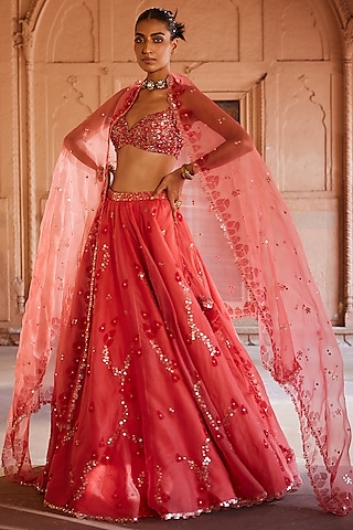 Coral Pink Organza Printed & Embroidered Lehenga Set by Prevasu