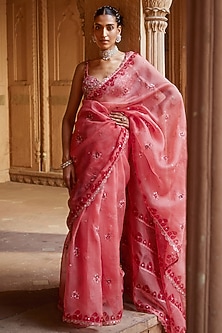 Coral Pink Organza Printed & Embroidered Saree Set by Prevasu-GANESH CHATURTHI