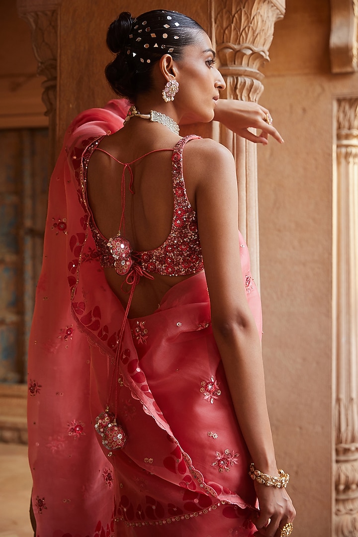 Coral Pink Organza Printed & Embroidered Wedding Saree Set by Prevasu at Pernia's Pop Up Shop