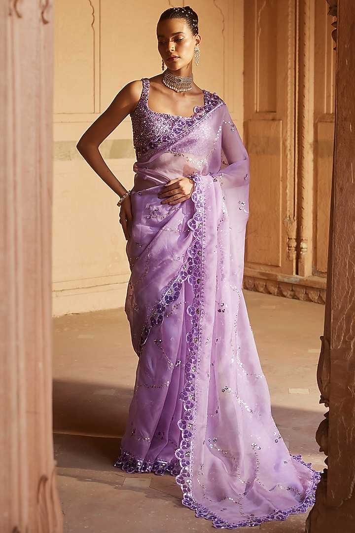 Purple Organza Printed & Embroidered Saree Set by Prevasu