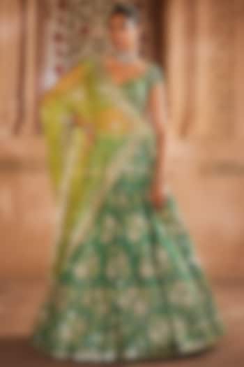 Green Raw Silk Embroidered Bridal Lehenga Set by Prevasu at Pernia's Pop Up Shop