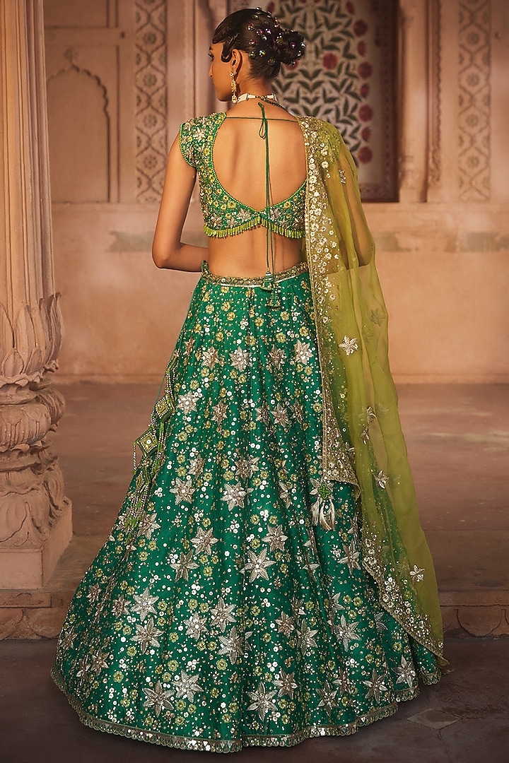 Green Raw Silk Embroidered Bridal Lehenga Set by Prevasu at Pernia's Pop Up Shop