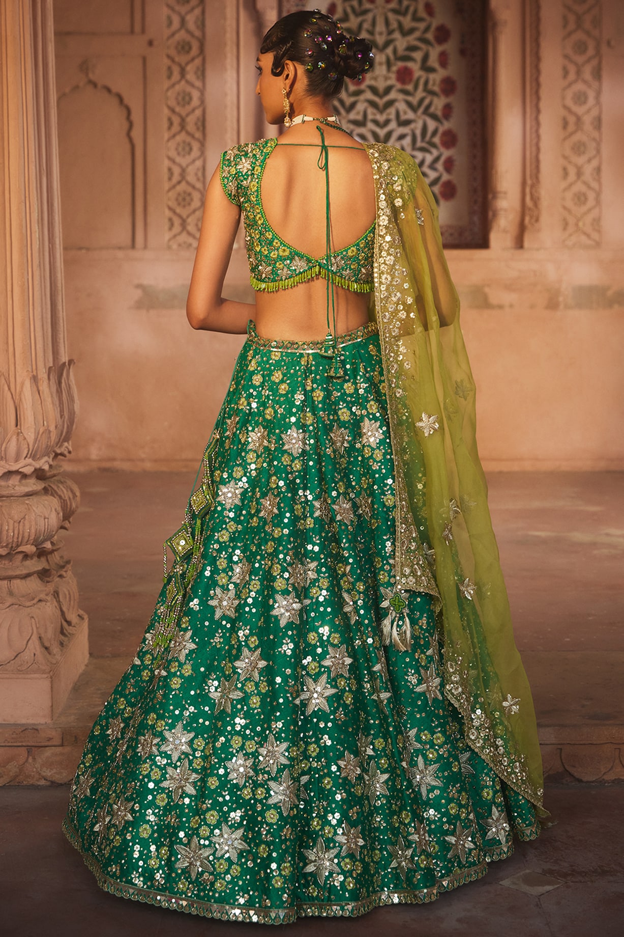 Emerald Green Raw Silk Lehenga Set