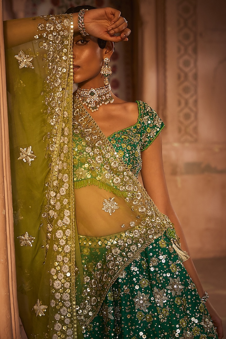 Green Raw Silk Embroidered Bridal Lehenga Set by Prevasu at Pernia's Pop Up Shop