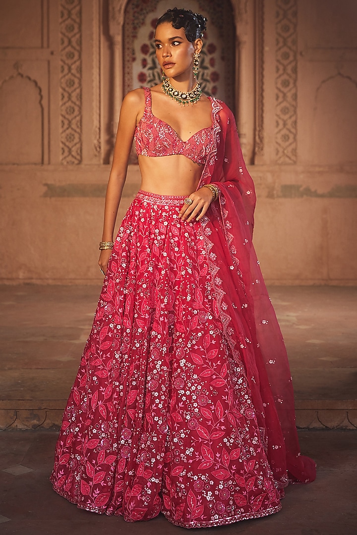Pink Organza Embroidered Bridal Lehenga Set by Prevasu at Pernia's Pop Up Shop