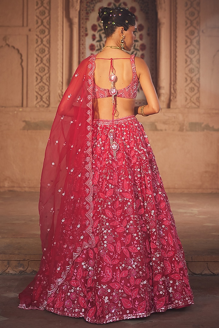 Pink Organza Embroidered Bridal Lehenga Set by Prevasu at Pernia's Pop Up Shop