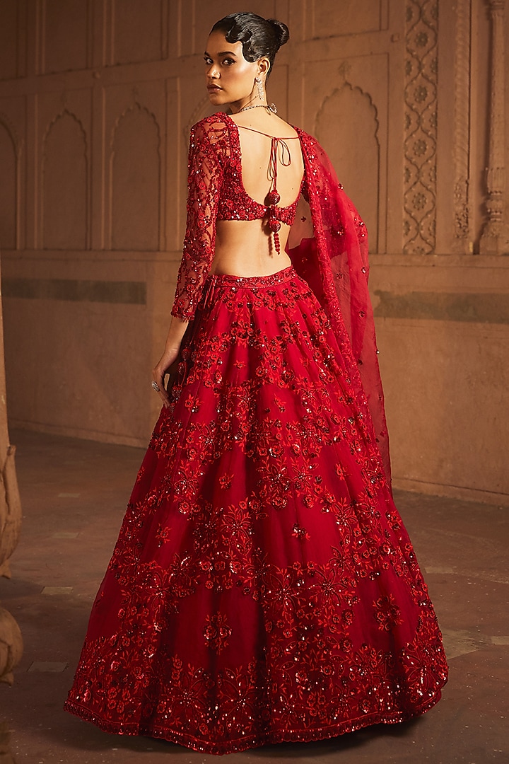 Red Pure Organza Silk Embroidered Bridal Lehenga Set by Prevasu at Pernia's Pop Up Shop