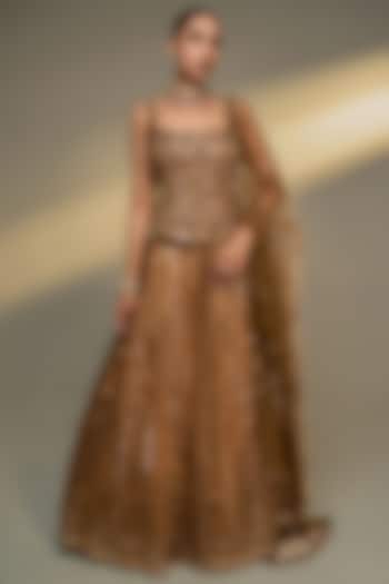 Copper Gold Tissue Silk Zardosi Embroidered Bridal Lehenga Set by Prevasu at Pernia's Pop Up Shop
