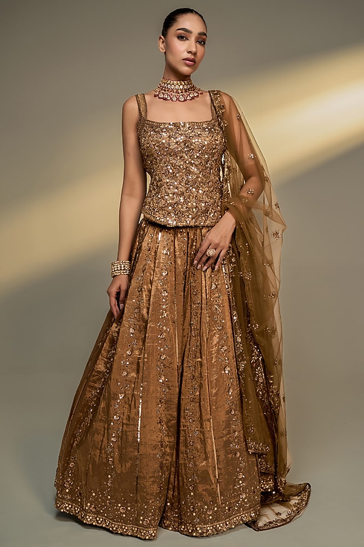 Copper Gold Tissue Silk Zardosi Embroidered Bridal Lehenga Set by Prevasu at Pernia's Pop Up Shop