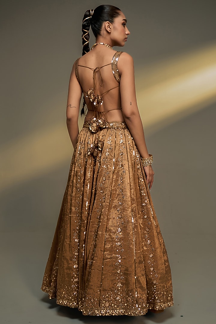 Copper Gold Tissue Silk Zardosi Embroidered Bridal Lehenga Set by Prevasu at Pernia's Pop Up Shop