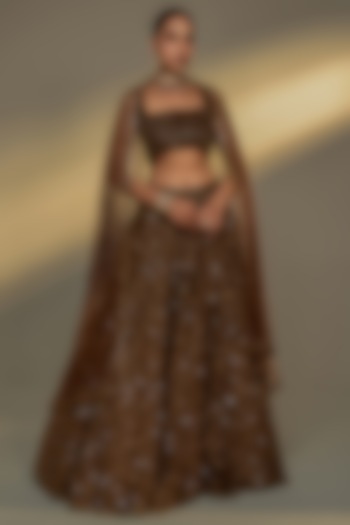 Copper Gold Net Sequins Embroidered Bridal Lehenga Set by Prevasu at Pernia's Pop Up Shop