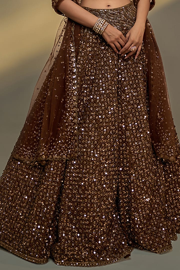 Copper Gold Net Sequins Embroidered Bridal Lehenga Set by Prevasu at Pernia's Pop Up Shop