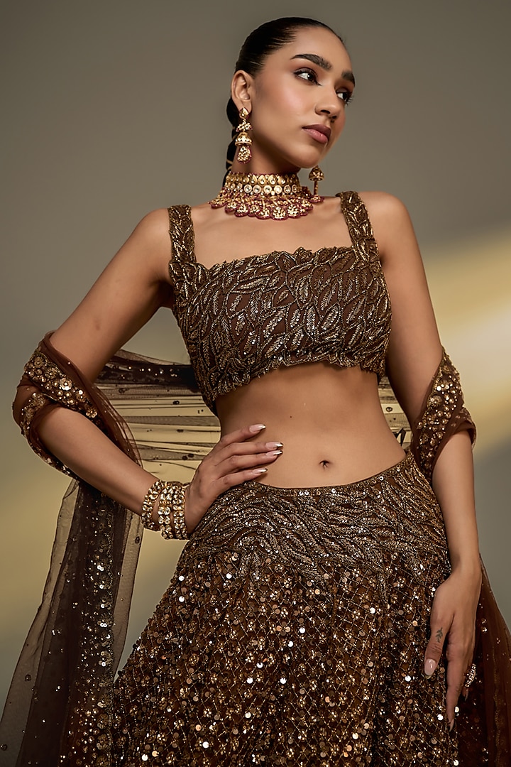 Copper Gold Net Sequins Embroidered Bridal Lehenga Set by Prevasu at Pernia's Pop Up Shop
