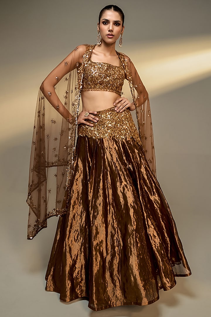 Copper Gold Net Embellished Wedding Lehenga Set by Prevasu at Pernia's Pop Up Shop