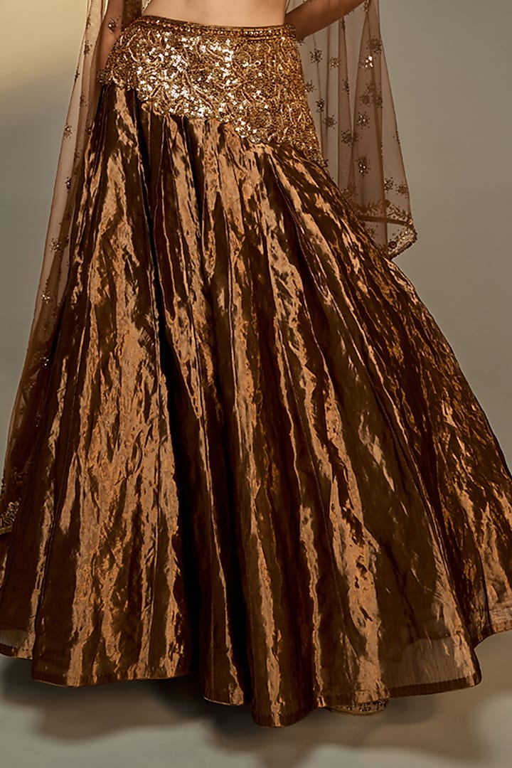 Copper Gold Net Embellished Wedding Lehenga Set by Prevasu at Pernia's Pop Up Shop