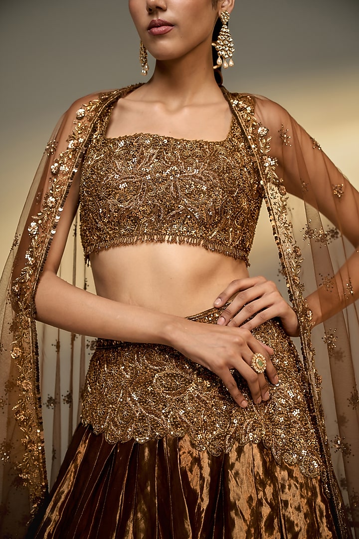 Copper Gold Net Embellished Wedding Lehenga Set by Prevasu at Pernia's Pop Up Shop