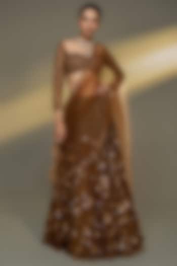 Copper Gold Net Sequins Embroidered Bridal Lehenga Set by Prevasu at Pernia's Pop Up Shop