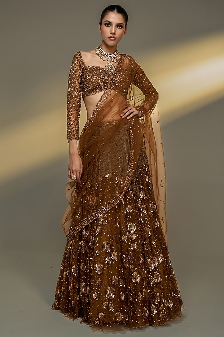 Copper Gold Net Sequins Embroidered Bridal Lehenga Set by Prevasu at Pernia's Pop Up Shop
