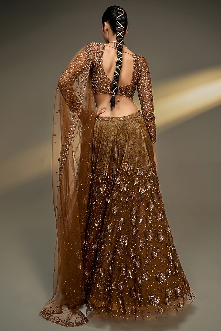 Copper Gold Net Sequins Embroidered Bridal Lehenga Set by Prevasu at Pernia's Pop Up Shop