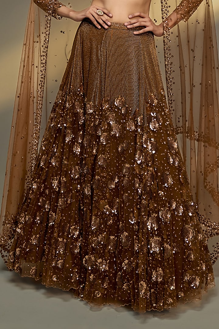 Copper Gold Net Sequins Embroidered Bridal Lehenga Set by Prevasu at Pernia's Pop Up Shop