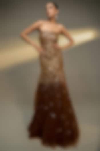 Copper Gold Net Sequins Embroidered Fitted Wedding Gown by Prevasu at Pernia's Pop Up Shop