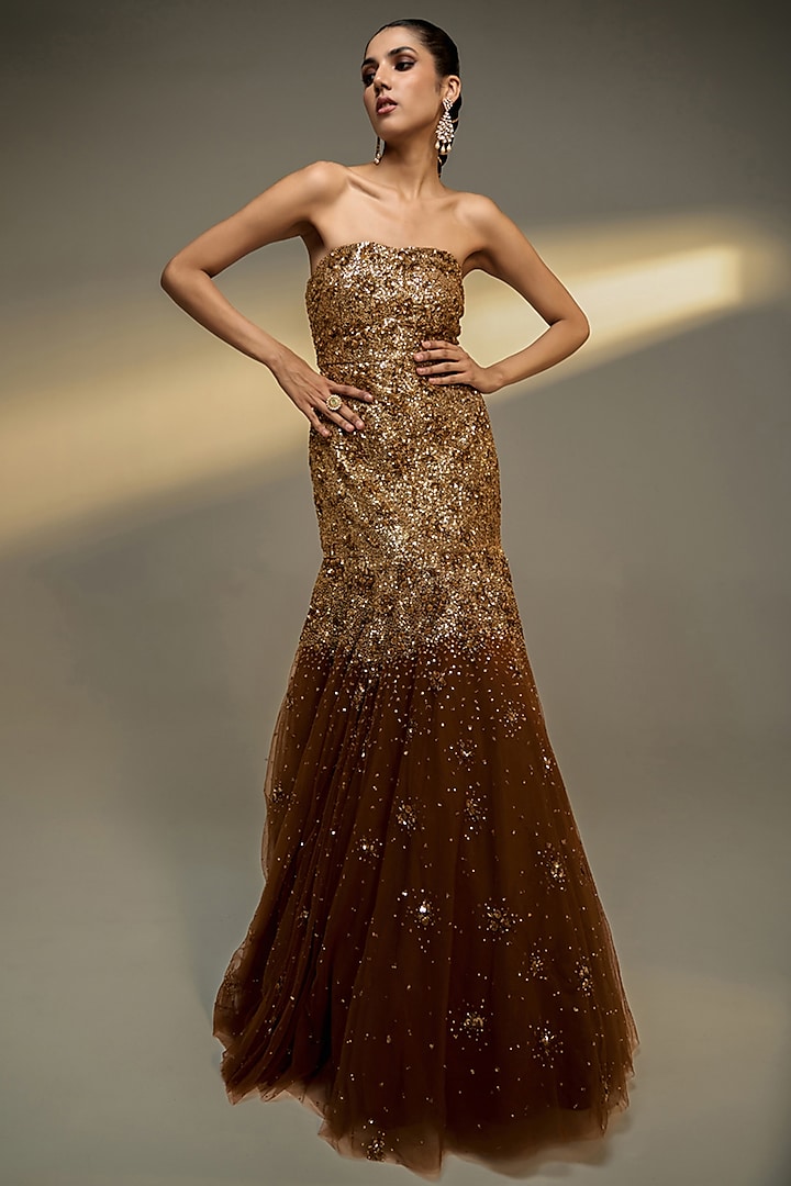 Copper Gold Net Sequins Embroidered Fitted Wedding Gown by Prevasu at Pernia's Pop Up Shop