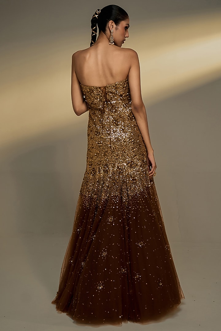 Copper Gold Net Sequins Embroidered Fitted Wedding Gown by Prevasu at Pernia's Pop Up Shop