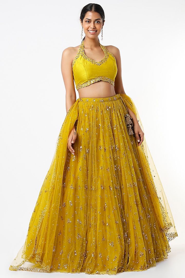 Mustard Embroidered Wedding Lehenga Set by Prevasu at Pernia's Pop Up Shop