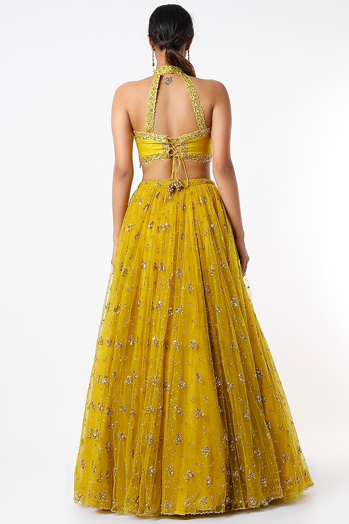 Mustard Embroidered Wedding Lehenga Set by Prevasu at Pernia's Pop Up Shop