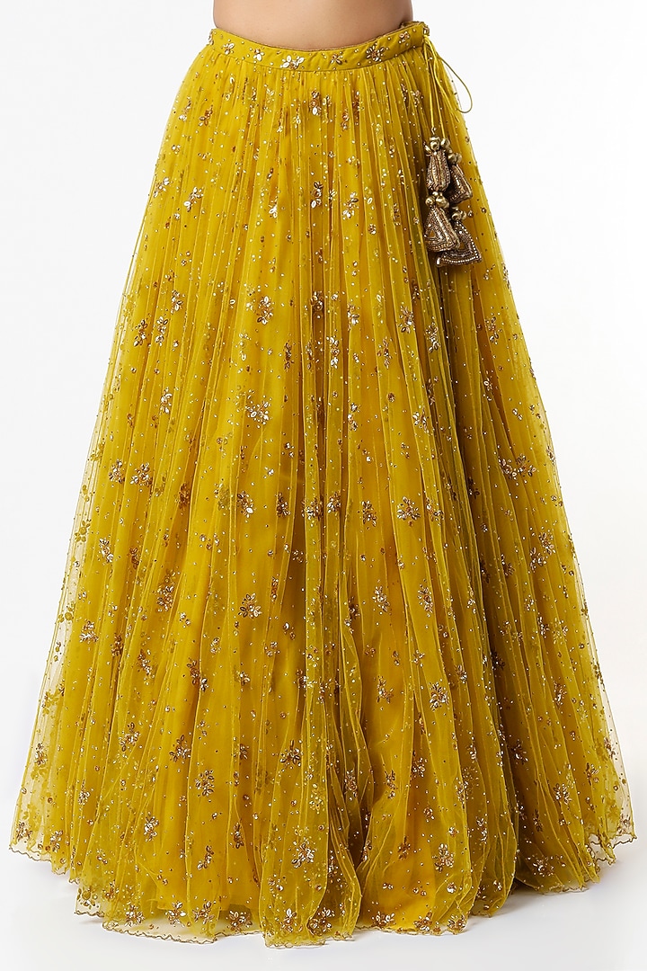 Mustard Embroidered Wedding Lehenga Set by Prevasu at Pernia's Pop Up Shop