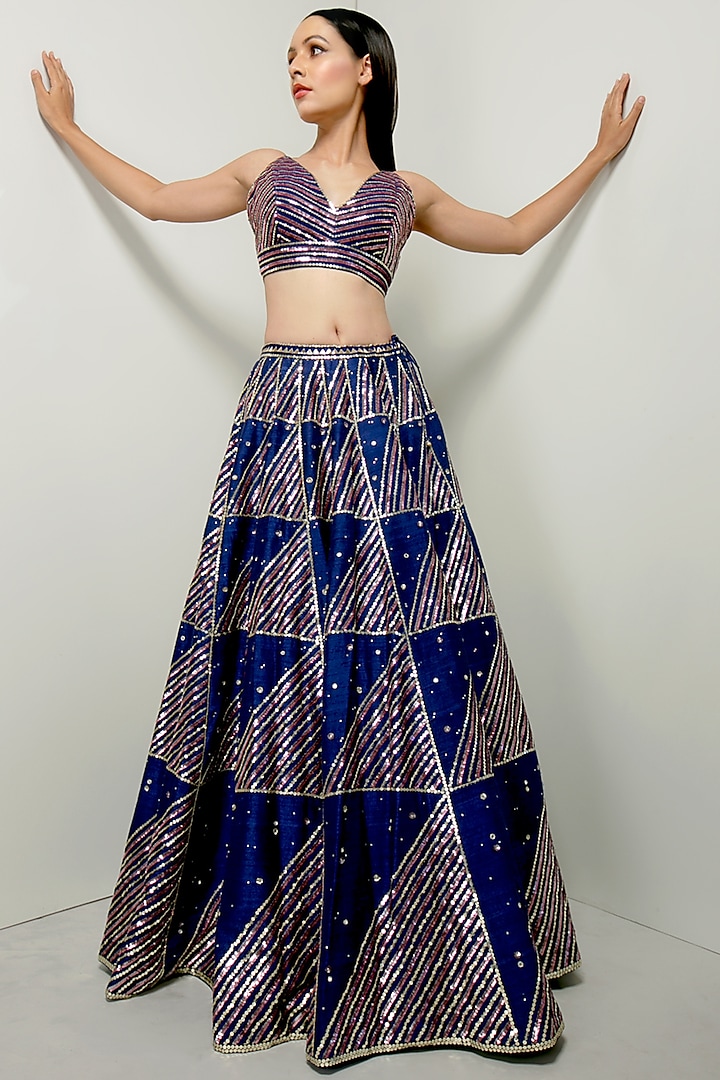 Royal Blue Mirror Embroidered Wedding Lehenga Set by Prevasu at Pernia's Pop Up Shop
