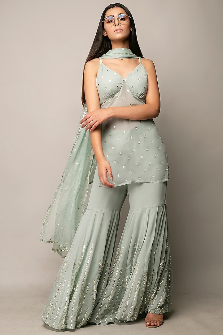 Mint Green Sequins Embroidered Sharara Set by Prevasu