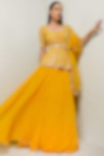Yellow Sequins Embroidered Lehenga Set With Belt by Prevasu