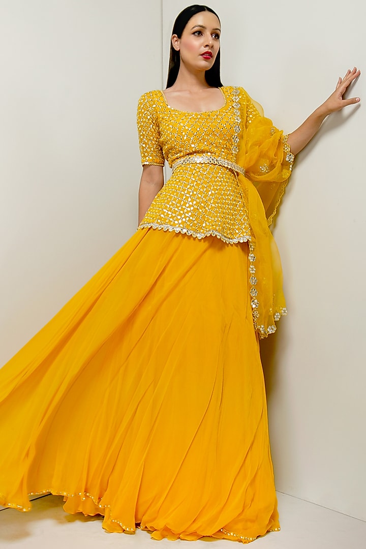 Yellow Sequins Embroidered Lehenga Set With Belt Design by Prevasu at ...