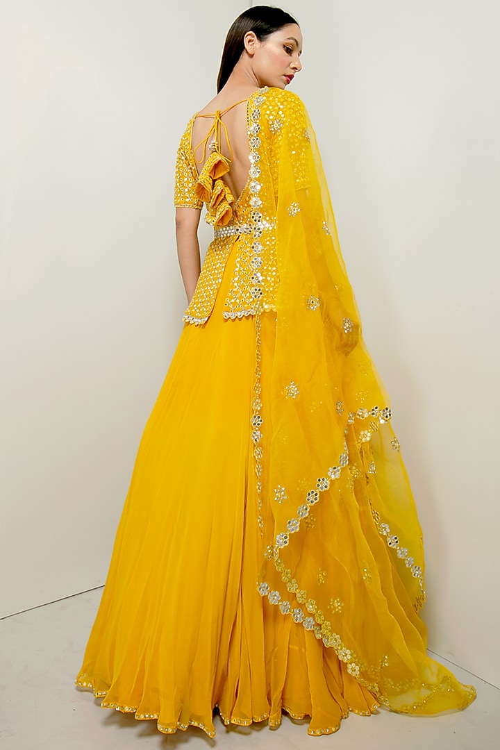 Yellow Sequins Embroidered Wedding Lehenga Set With Belt by Prevasu at Pernia's Pop Up Shop
