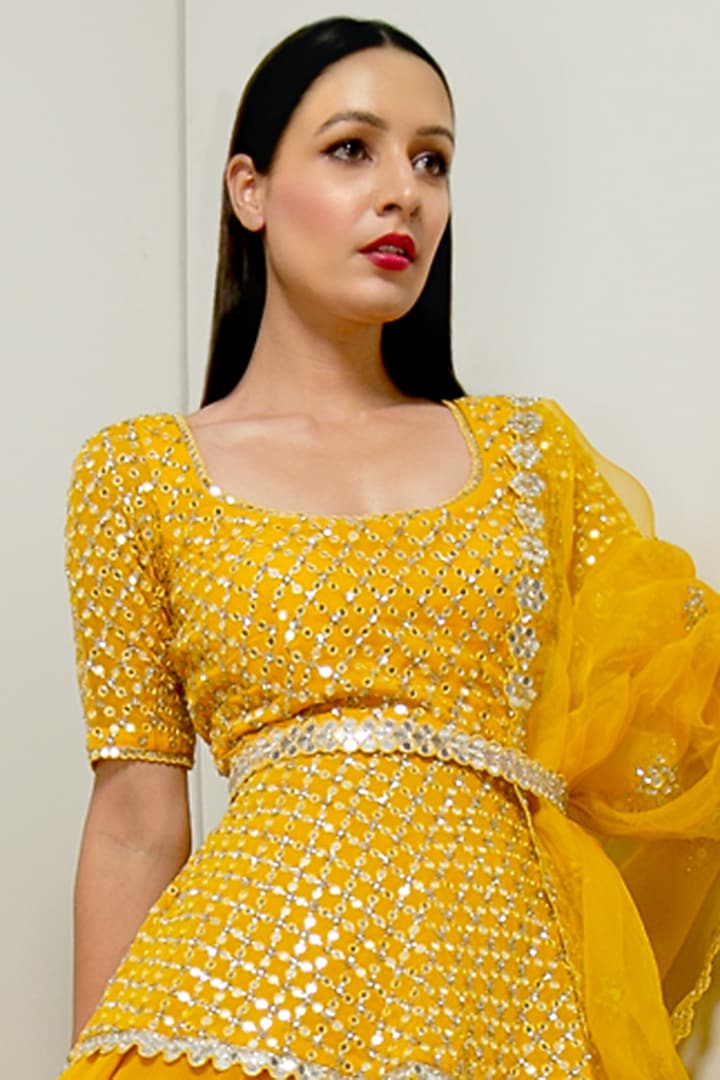 Yellow Sequins Embroidered Wedding Lehenga Set With Belt by Prevasu at Pernia's Pop Up Shop