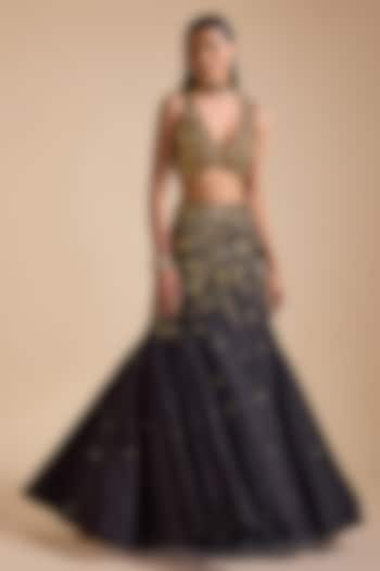 Black Silk Zardosi & Sequins Embroidered Mermaid Lehenga Set by Prevasu