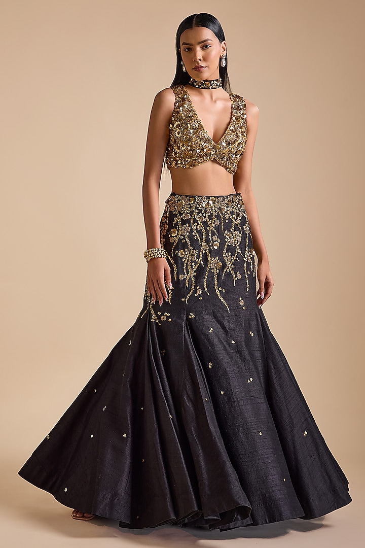 Black Silk Zardosi & Sequins Embroidered Mermaid Lehenga Set by Prevasu