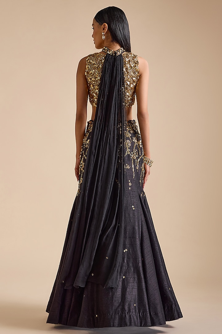 Black Silk Zardosi & Sequins Embroidered Mermaid Wedding Lehenga Set by Prevasu at Pernia's Pop Up Shop