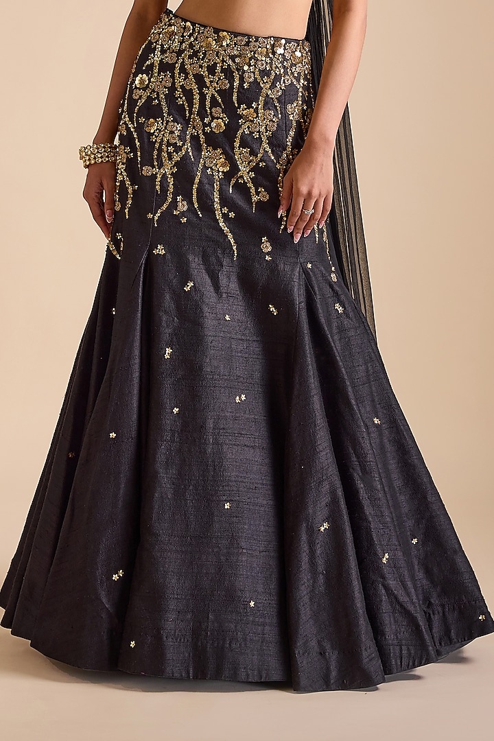 Black Silk Zardosi & Sequins Embroidered Mermaid Wedding Lehenga Set by Prevasu at Pernia's Pop Up Shop