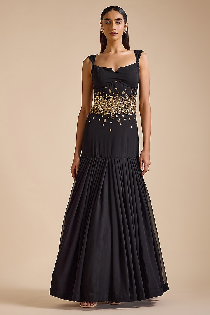 Black Georgette Embroidered Swan Gown by Prevasu at Pernia's Pop Up Shop