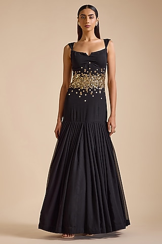Black Georgette Embroidered Swan Gown by Prevasu