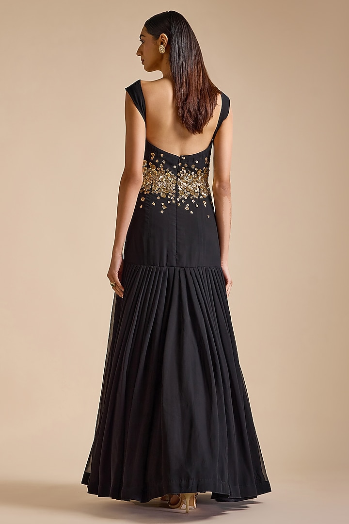 Black Georgette Embroidered Swan Engagement Gown by Prevasu at Pernia's Pop Up Shop