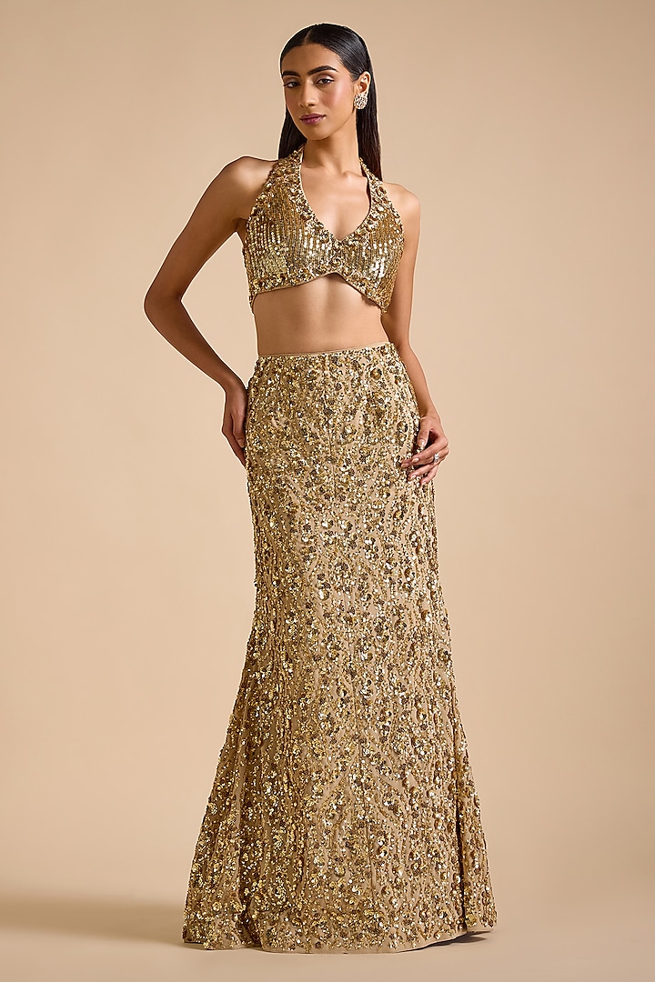 Golden Georgette Zardosi & Beads Embroidered Mermaid Wedding Lehenga Set by Prevasu at Pernia's Pop Up Shop