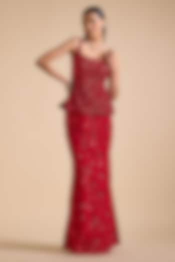 Red Georgette Sequins Embroidered Slit Skirt Set by Prevasu at Pernia's Pop Up Shop