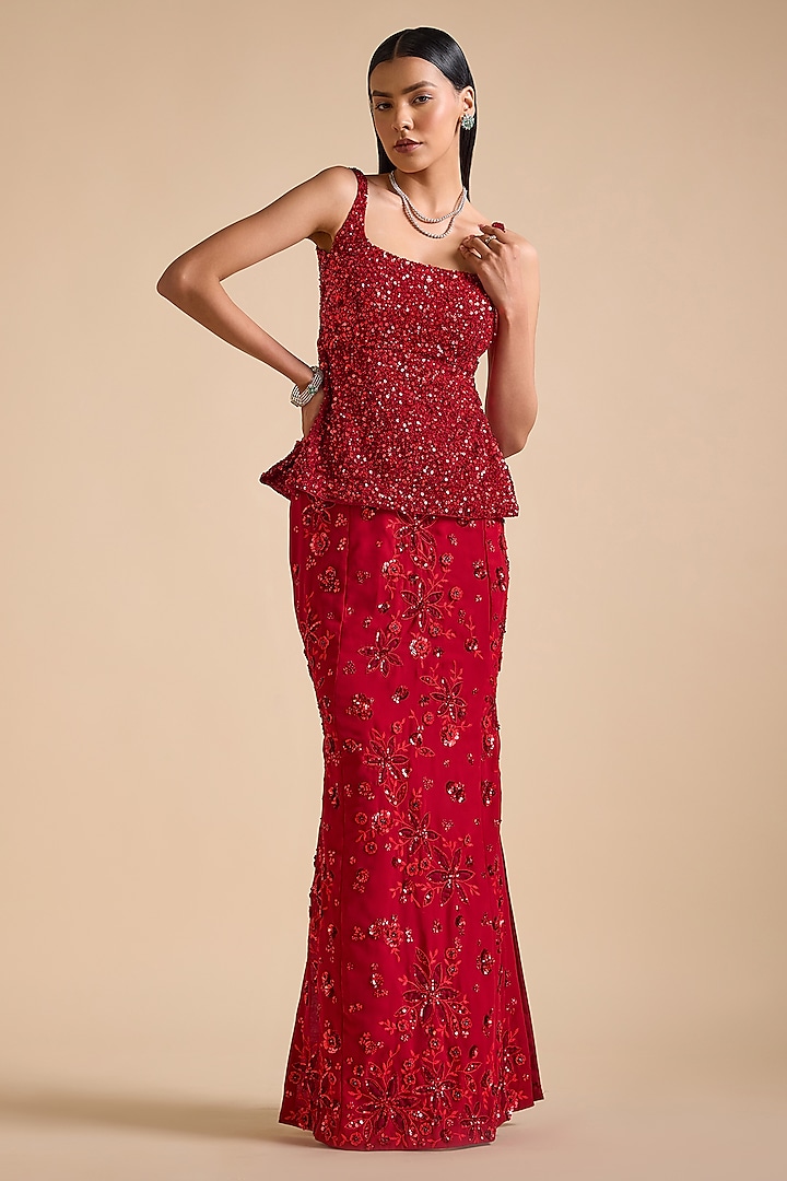 Red Georgette Sequins Embroidered Slit Skirt Set by Prevasu at Pernia's Pop Up Shop